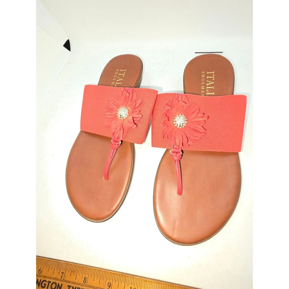 Italian Shoemakers Coral Red Floral Rhinestone Wedge Sandals Made in Italy 6.5